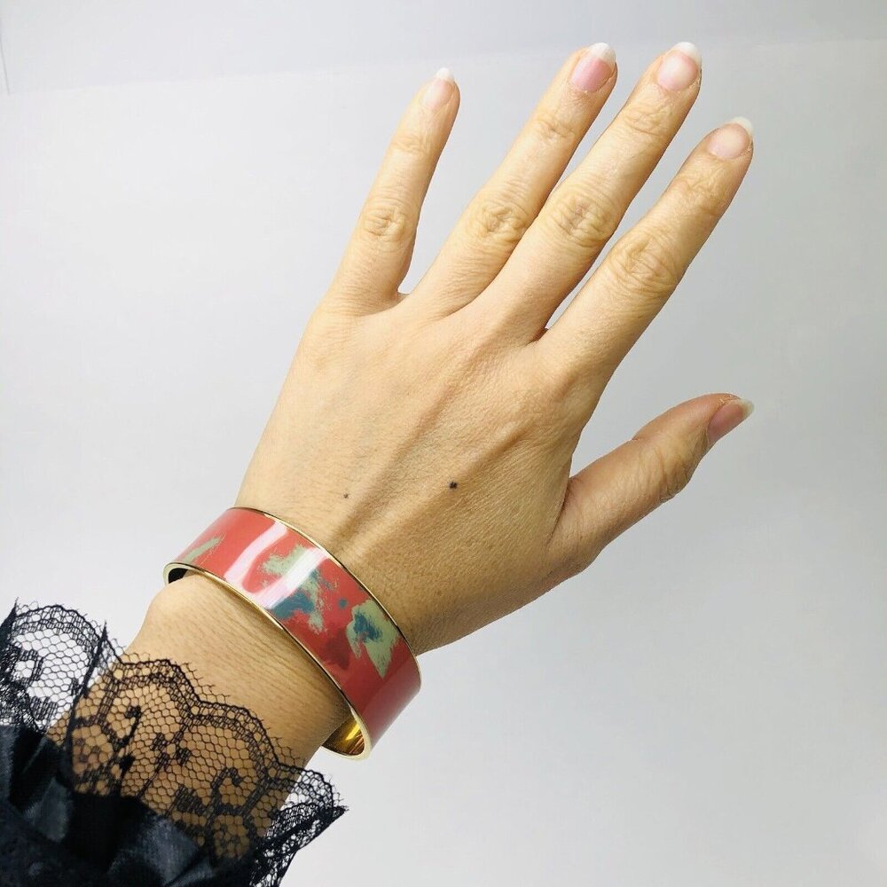 J Crew Abstract Enamel Wide Bangle Bracelet Brick Red Gold tone Y2K Kawaii Gift